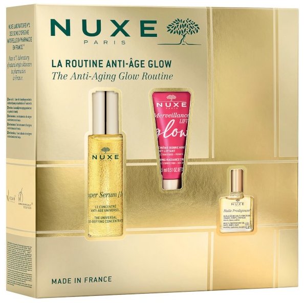Anti-Aging Glow Routine Set Nuxe: Super Serum [10], Vegan, Anti-Ageing, Day & Night, Serum, For Face & Neck, 30 ml + Merveillance Lift, Glow Firming, Cream, For Face, 15 ml + Huile Prodigieuse Rich Multi-Purpose, Body Oil, For Face, Body & Hair, 10 m 1