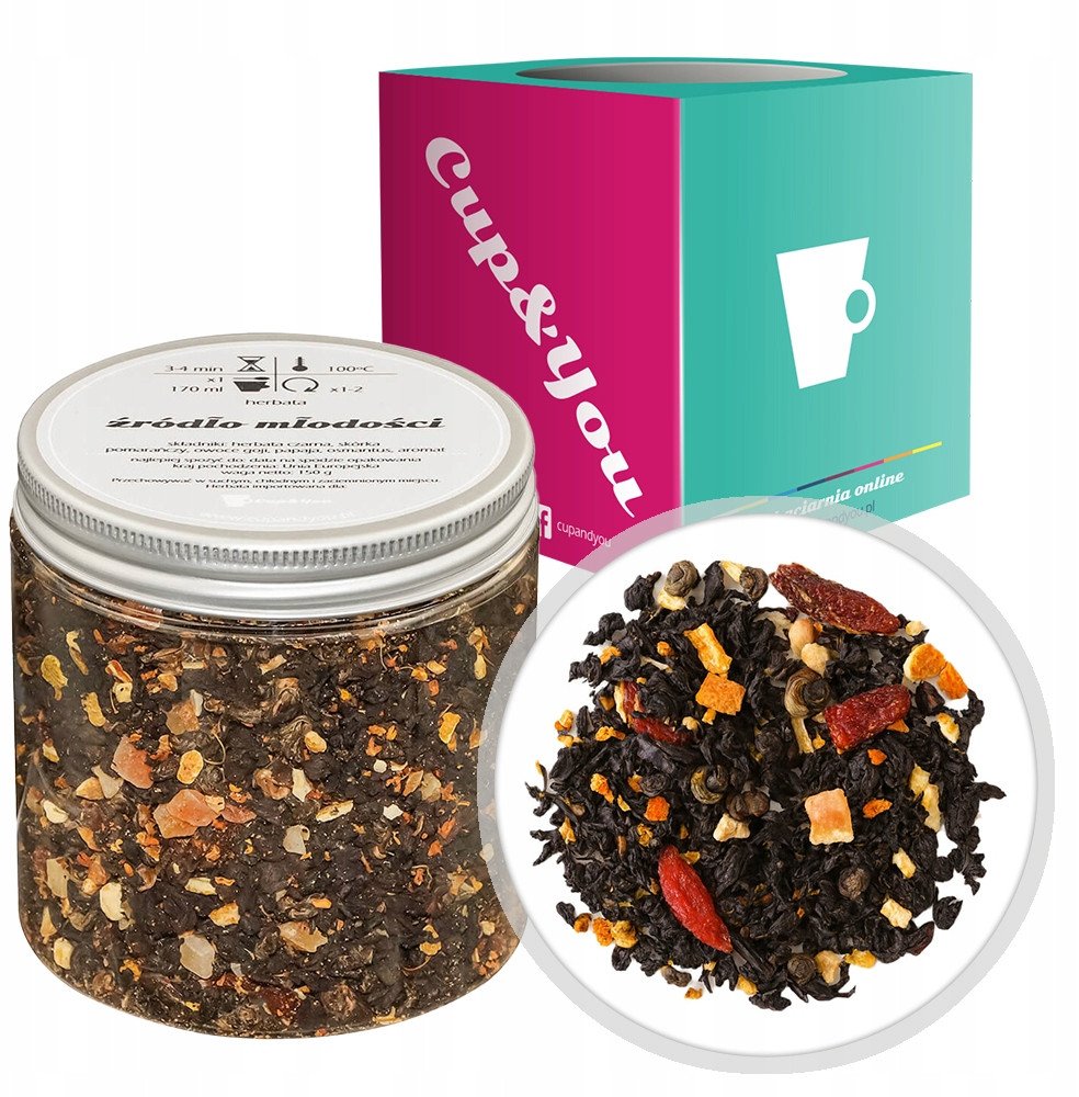 Herbata czarna ŹRÓDŁO MŁODOŚCI papaja skórka pomarańczy owoce goji 150g - sypana liściasta herbata PREMIUM Cup&You 1