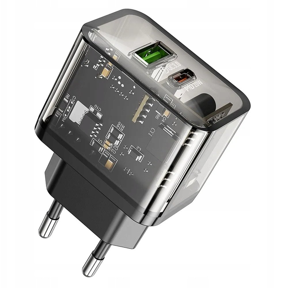 Ładowarka sieciowa do telefonu Hoco USB A + USB C QC3.0 PD 3A 20W N34 transparentna 1