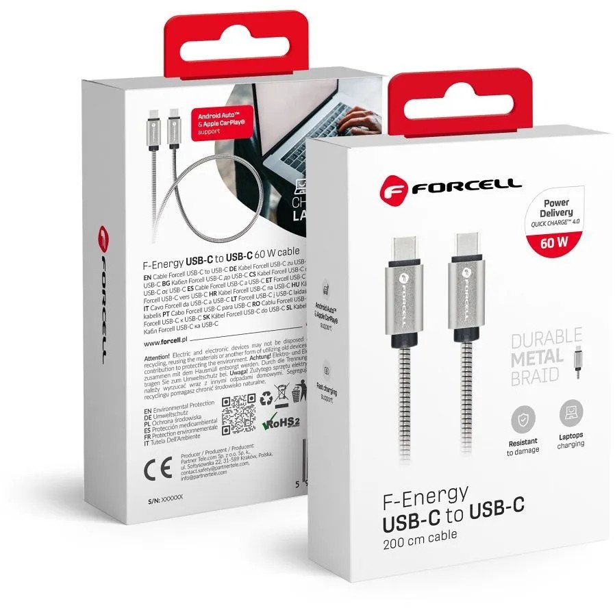 Kabel USB ForCell USB-C - USB-C 2 m Srebrny