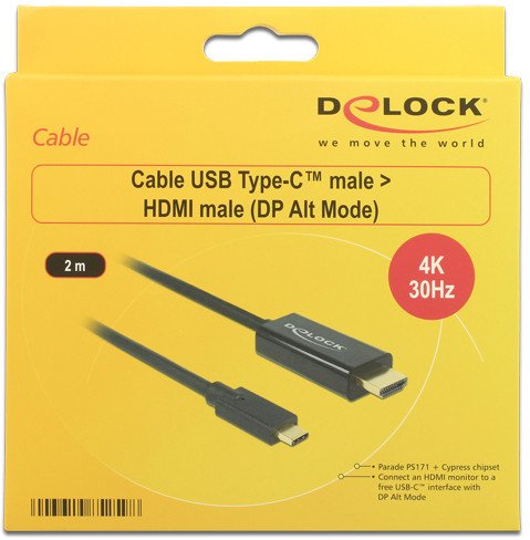 Kabel adapter Delock USB type-C(M) -> HDMI(M) 4K 30Hz 2m 1