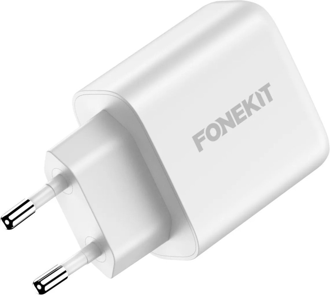 FoneKit GaN PD 65W AC power adapter, USB-C + USB-C, white