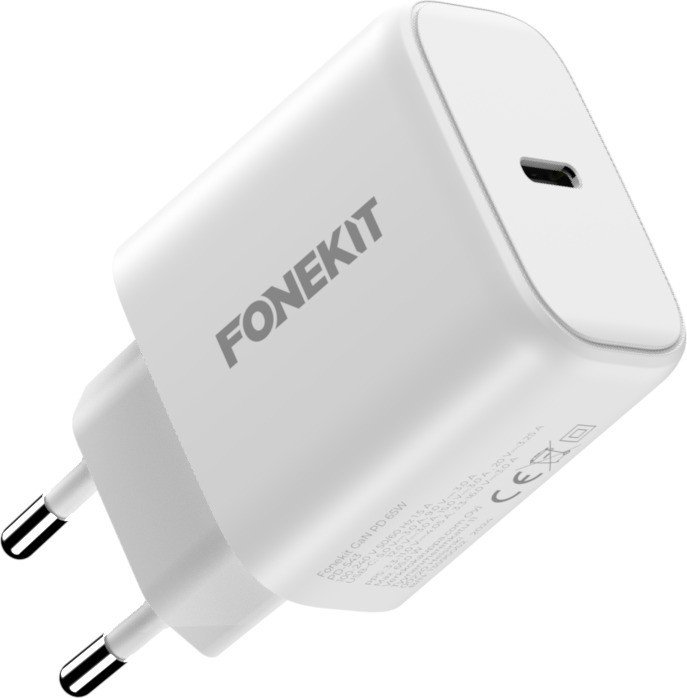 FoneKit GaN PD 65W AC power adapter, USB-C, white