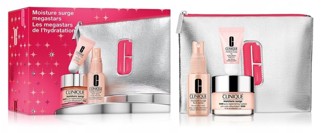 CLINIQUE_SET Moisture Surge Megastars 100-Hour Auto-Replenishing Hydrator krem do twarzy 50ml + Face Spray magiełka do twarzy 30ml + Lip Hydro-Plump Treatment balsam do ust 7ml 1