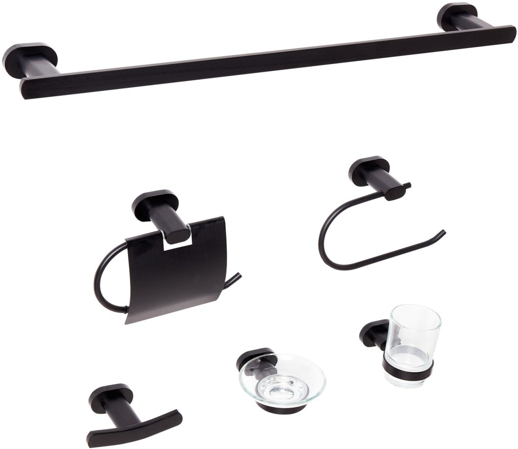 Zestaw akcesoriów toaletowych 6 elementów TOCOPILLA Z uchwytami i haczykami na ręczniki Czarny