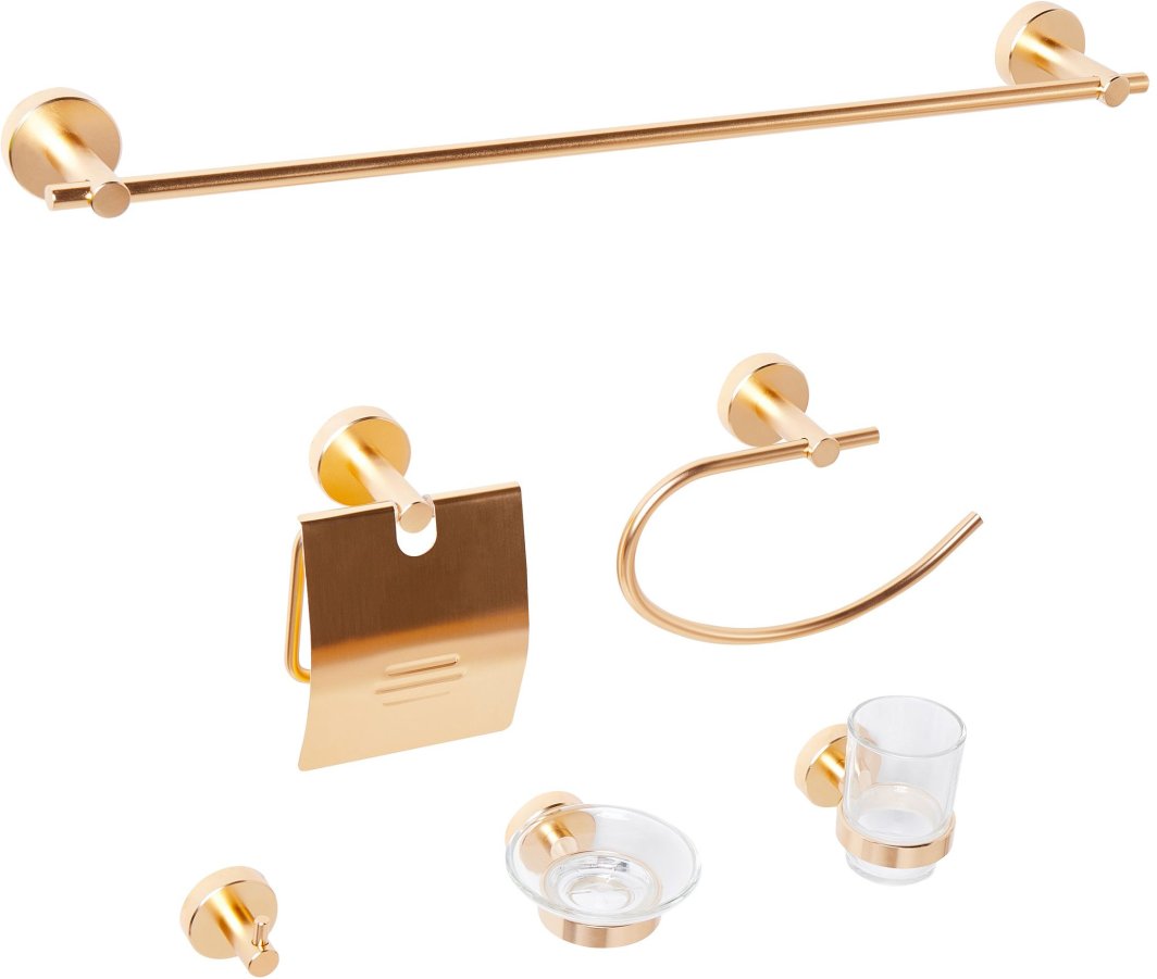 Zestaw akcesoriów toaletowych 6 elementów ZARUMA Z uchwytami i haczykami na ręczniki Złoty