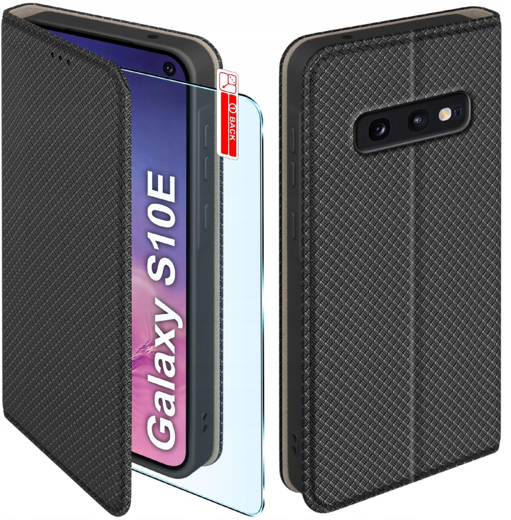 Etui z klapką do Samsung S10e Zamykane Czarne Futerał + Szkło 9H 1