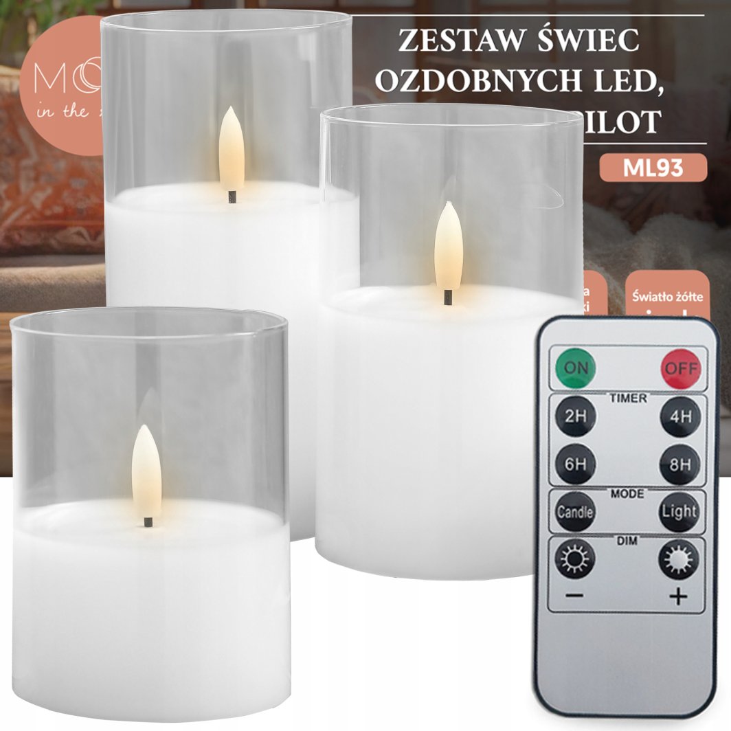 Ozdobne świece świeczki LED szkło białe, zestaw 3 sztuki + pilot 1