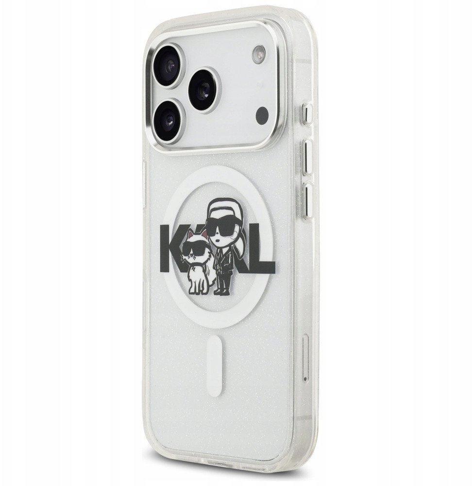 Etui Karl Lagerfeld IML Glitter Karl & Choupette Sketch Logo MagSafe do iPhone 17 Pro przezroczysty