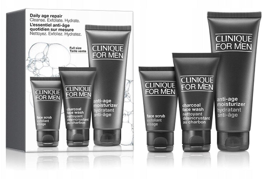 CLINIQUE_SET Daily Age Repair Cleanse. Exfoliate. Hydrate Anti-Aging Moisturizer krem do twarzy 100ml + Facial Scrub peeling do twarzy 30ml + Activated Charcoal Facial Wash żel do twarzy 50ml 1