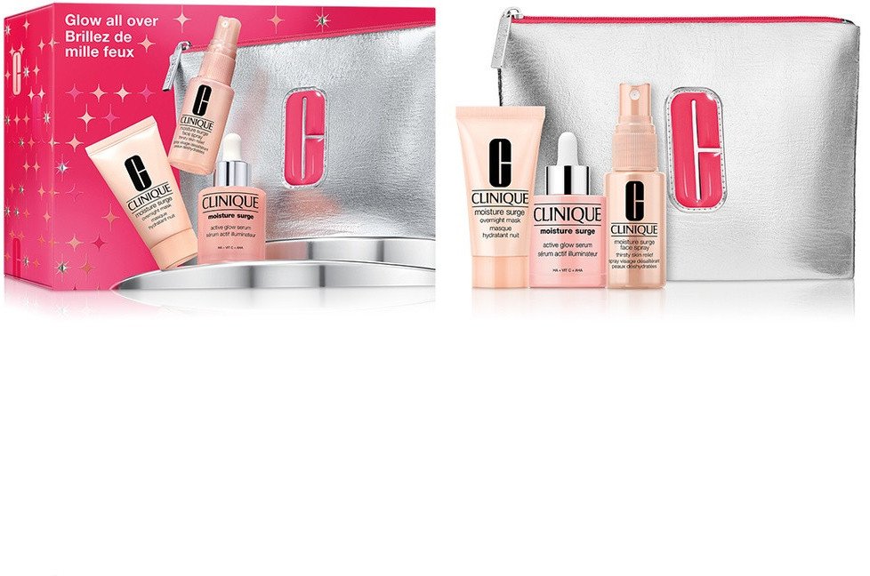 Clinique Glow All Over zestaw aktywne serum zapewniające blask 30ml + maseczka intensywnie nawilżająca 30ml + mgiełka do twarzy 1