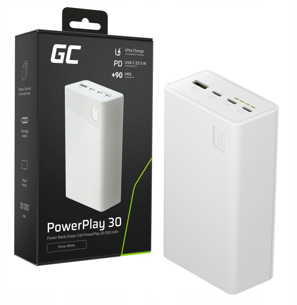 Greencell PowerPlay 30 - biały powerbank 30 000mAh, 22,5W, 4 porty 1