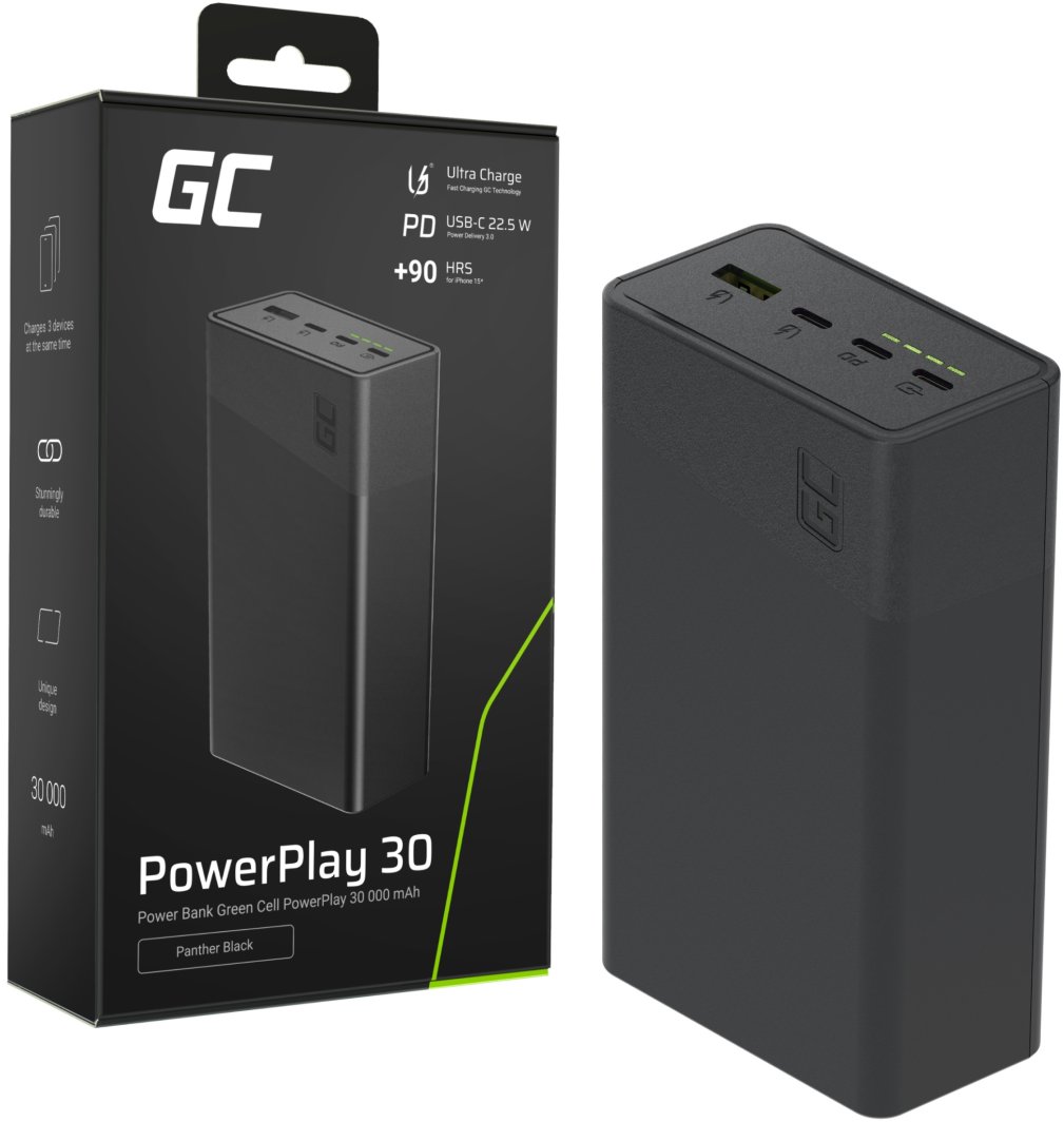 Greencell PowerPlay 30 - czarny powerbank 30 000mAh, 22,5W, 4 porty 1