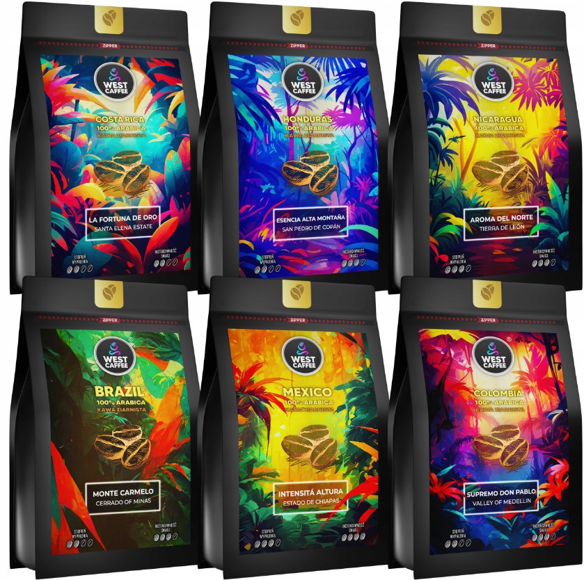 Kawa Ziarnista Zestaw 6x250g West Caffee MIX Świeżo Palona 100% Arabica 1