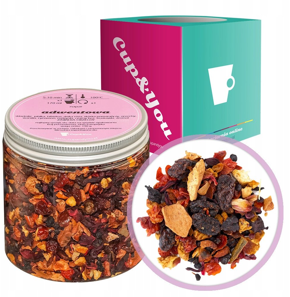 Najlepsza herbata owocowa ADWENTOWA hibiskus jabłko lentylki 190g - herbata sypana liściasta napar z suszu PREMIUM Cup&You 1