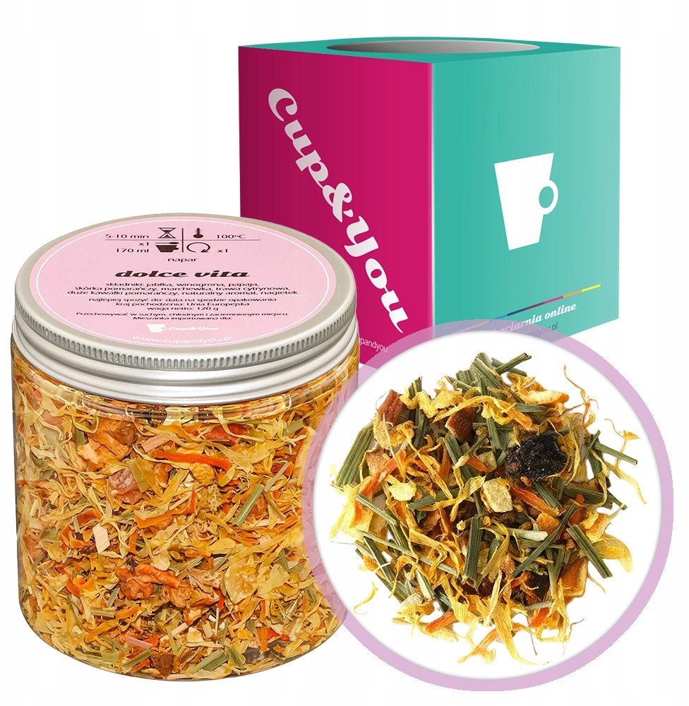 Najlepsza herbata owocowa DOLCE VITA jabłka winogrona papaja 120g - herbata sypana liściasta napar z suszu PREMIUM Cup&You 1