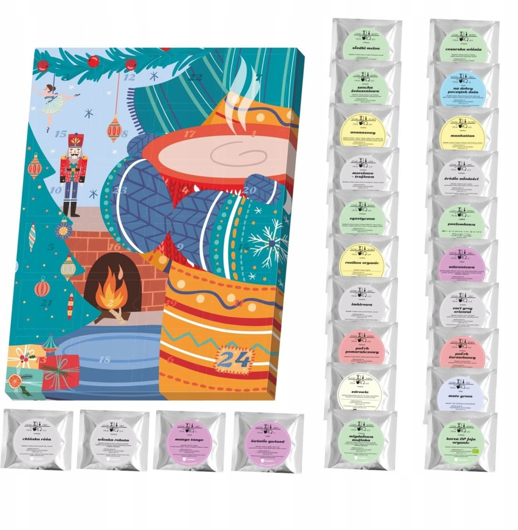 KALENDARZ ADWENTOWY Z HERBATAMI 24 RÓŻNE SMAKI I RODZAJE HERBAT SYPANYCH - PREZENT UPOMINEK NA ŚWIĘTA MIKOŁAJA DLA KOBIETY MĘŻCZYZNY FACETA 1