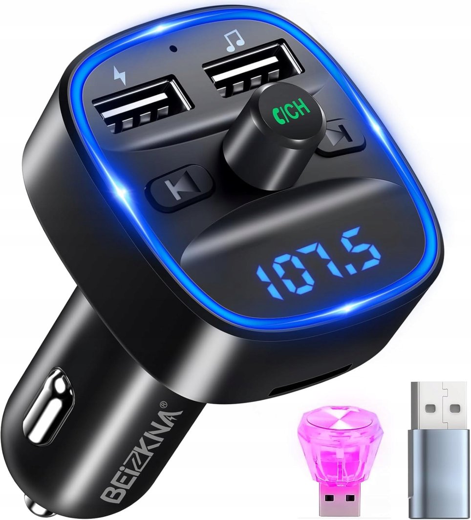 Transmiter Samochodowy Bluetooth 5.3 FM Ładowarka 2x USB 1