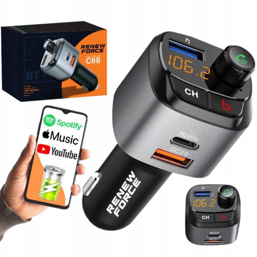 Najmocniejszy Transmiter Bluetooth Fm Samochodowy Ładowarka 36W Qc3.0 Usb-C 1