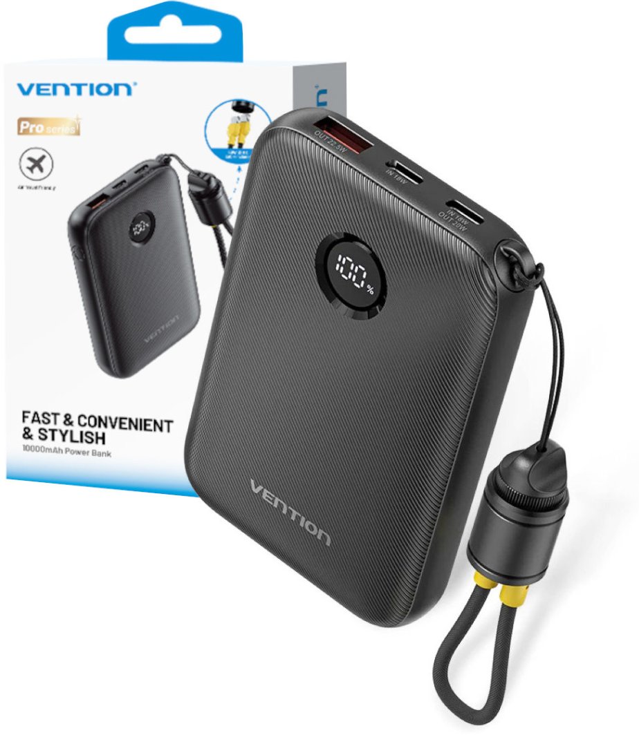 Vention 10000mAh 2 x USB-C 1x USB-A z wyświetlaczem 22.5W czarny 1