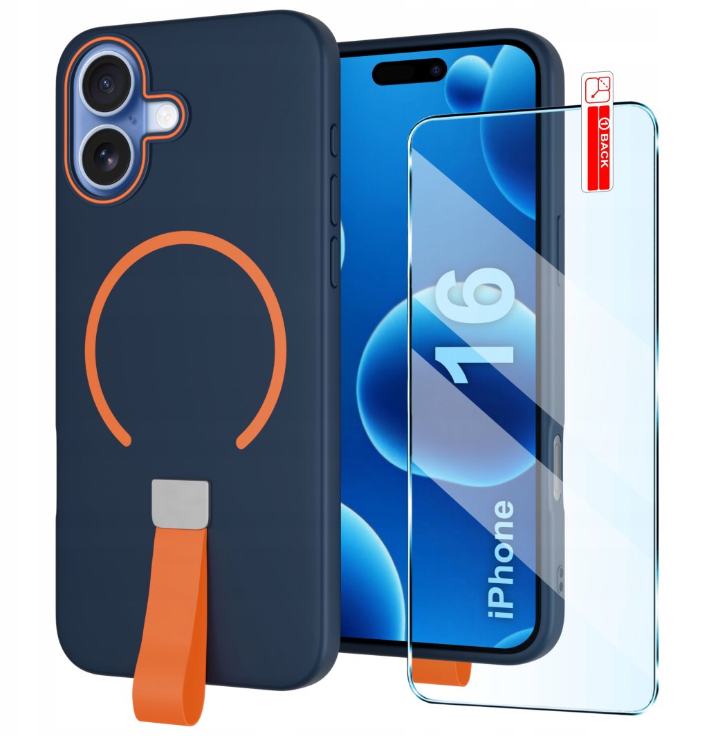 Etui z Paskiem na palec Matowe GRANATOWE do iPhone 16 |do MagSafe +Szkło 1