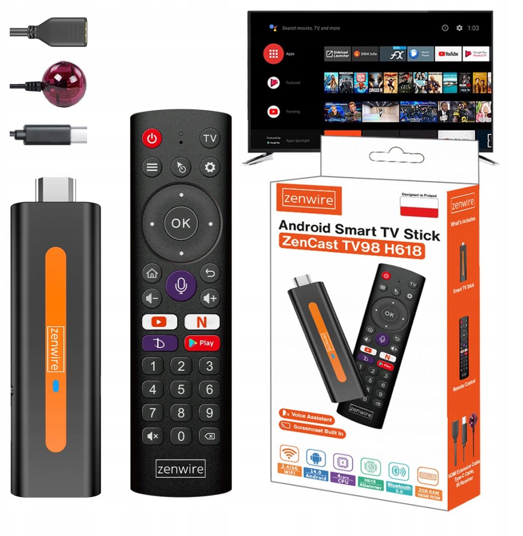 Odtwarzacz Multimedialny Przystawka Android 14 Smart TV Stick Box WiFi 2/16 ZENWIRE TV98 H618 1