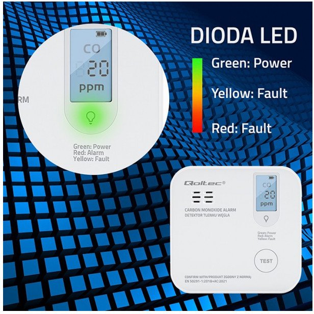 qoltec Czujnik tlenku węgla z baterią | alarm 85dB | LED 1