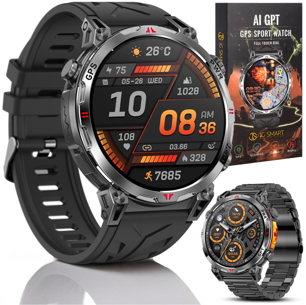 SMARTWATCH MĘSKI ZEGAREK CHAT GPT GPS ROZMOWY SPORT 650mAh 2 paski MENU POL 1