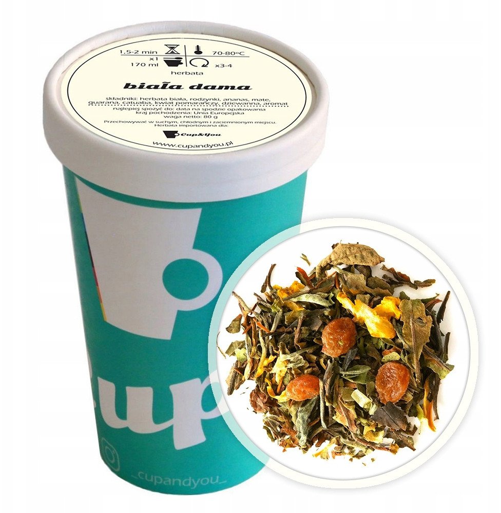 Herbata biała BIAŁA DAMA rodzynki ananas dziewanna kwiat pomarańczy 80g - herbata liściasta sypana mieszanka napar susz 1