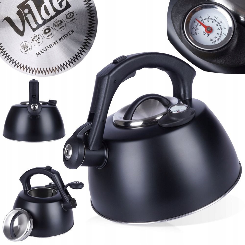 Czajnik na Gaz Indukcja z Gwizdkiem Termometrem Stalowy Czarny VILDE 3 l 1