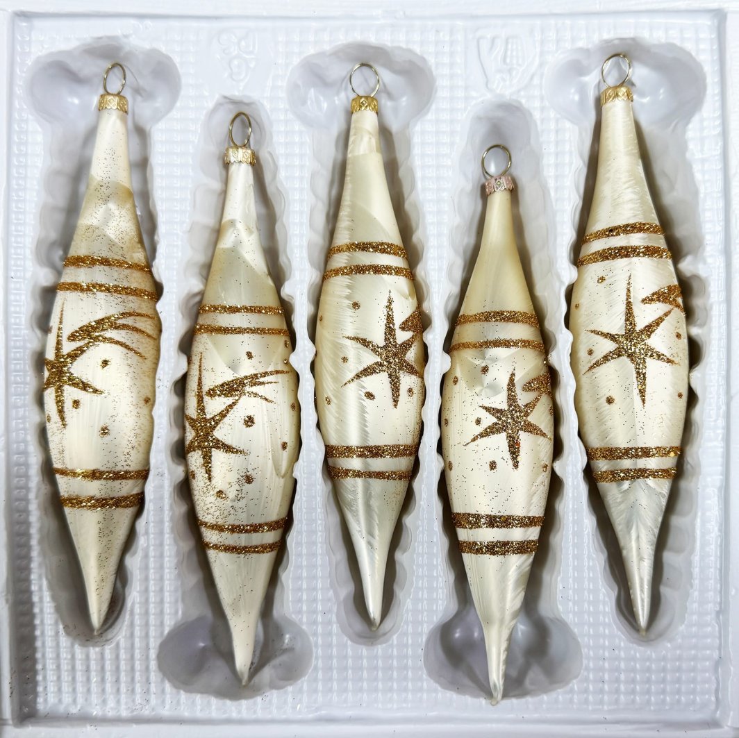 Kopia: Bombki szklane sople 5 sztuk Ręcznie zdobione. Produkt polski (złoty) 1