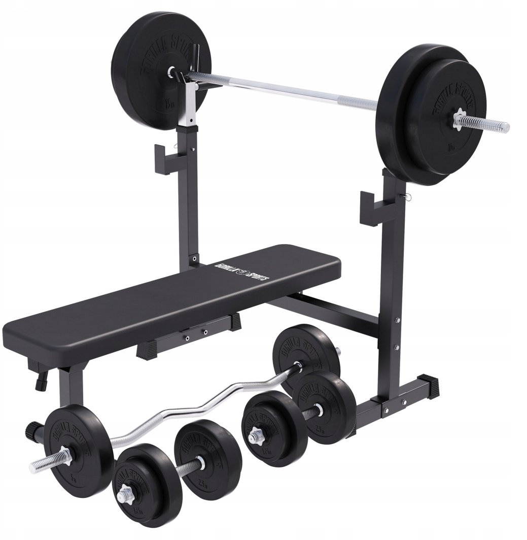 Ławka szeroka pod sztangę 3w1 zestaw bitumiczny 100 kg, sztanga i hantle 1