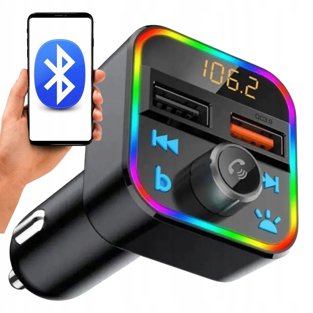 TRANSMITER FM SZYBKA ŁADOWARKA BLUETOOTH AUDIO MP3 BLUETOOTH MICROSD 2X USB RGB 1