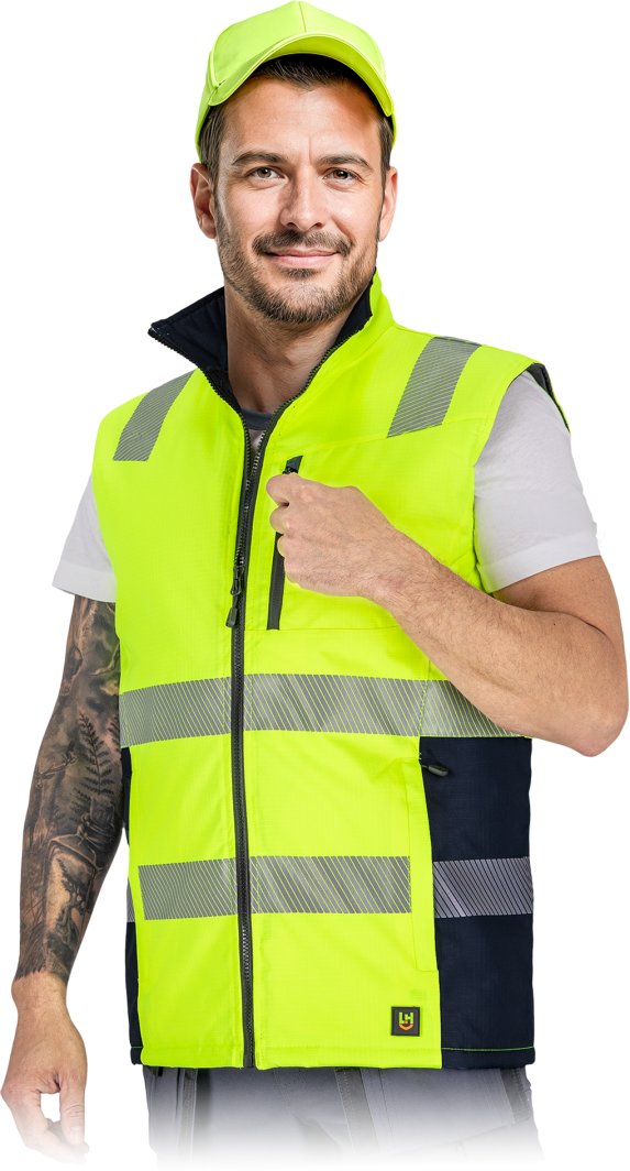 Męski bezrękawnik ochronny ocieplany tkanina rip-stop Oxford 300D powlekana poliuretanem podszewka poliestrowa żółto-granatowy LH-LASER M 1