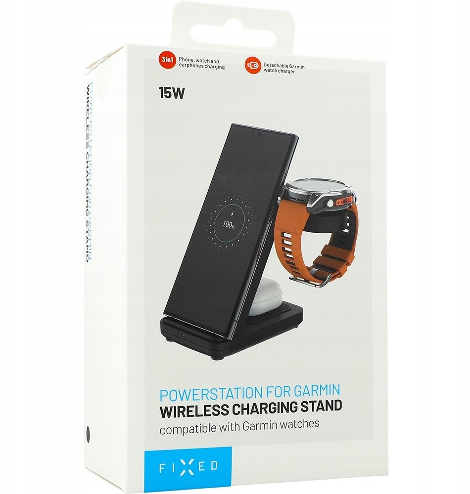 Fixed 3-in-1 wireless charging station for Garmin watch, black