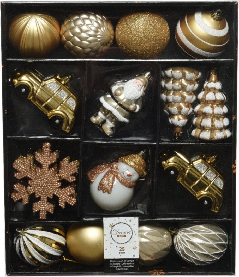Christmas tree toy set MIXBOX, white/gold, 8 cm, 25 pcs