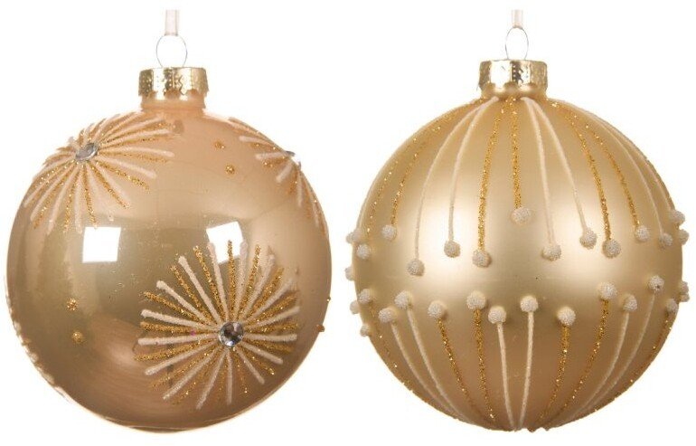 Christmas tree toy set GLASS, cream color, 2 types, 8 cm, 3 pcs.