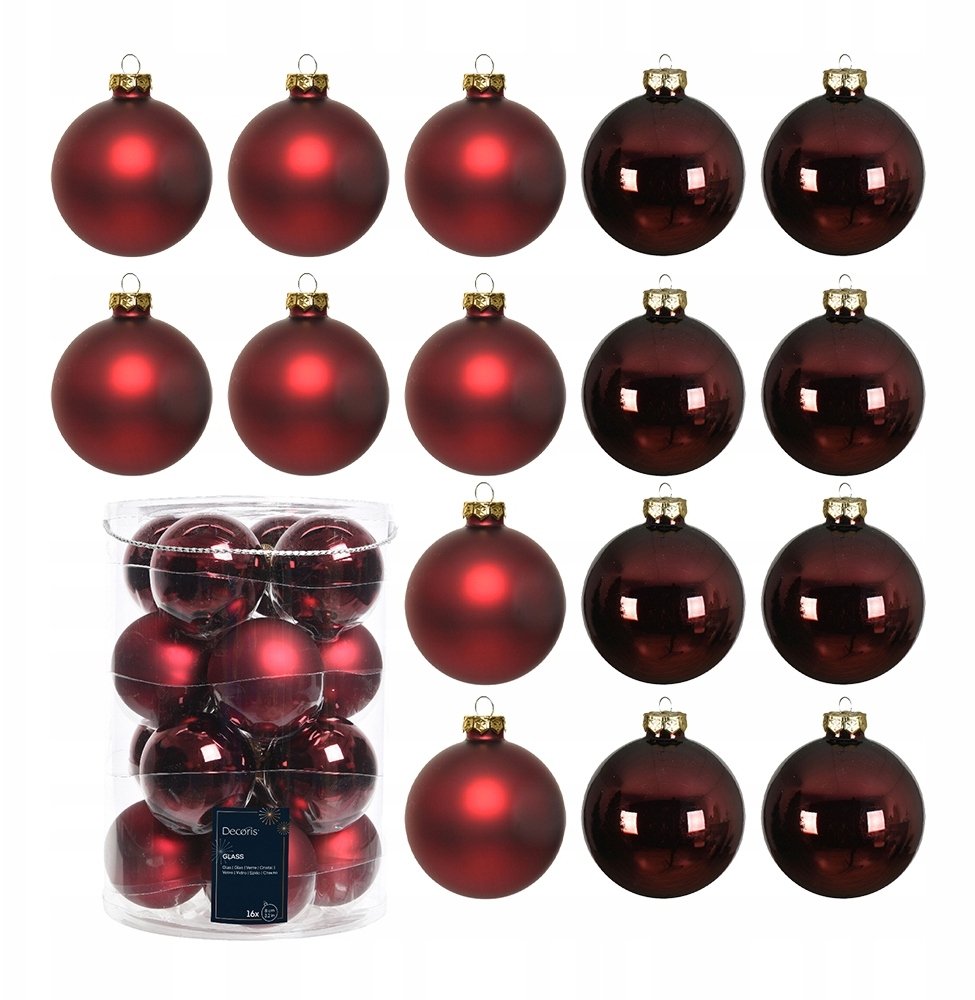 Glass Christmas tree ornaments set BAUBLES MIX, red, 8 cm, 16 pcs