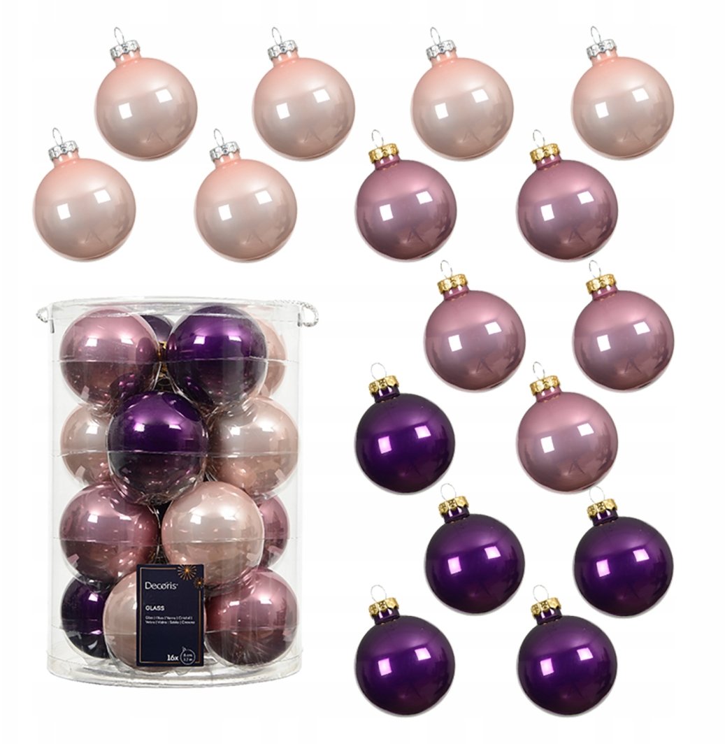 Glass Christmas tree toy set BAUBLES MIX, pink/purple, 8 cm, 16 pcs.