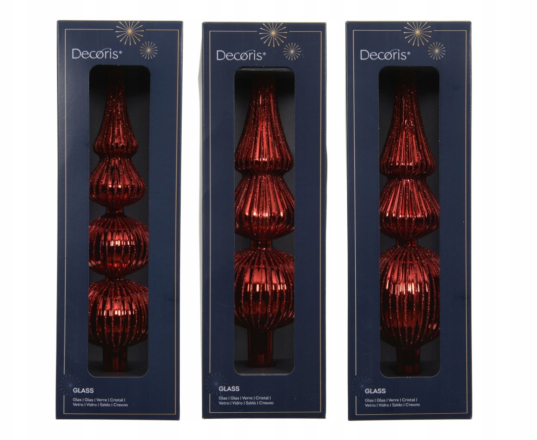 Glass fir tree top SHINY, red color, 3 types, 7.2 x 7.2 x 31 cm, 1 pc.
