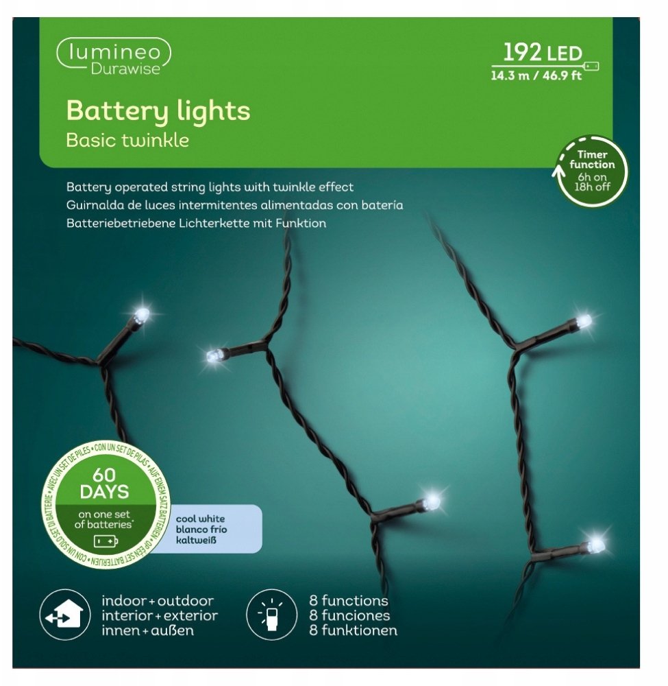 Electric outdoor garland LUMINEO DURAWISE BASIC TWINKLE, 192 LED IP44 cold white color 8 modes, 3xAA, 14.3m