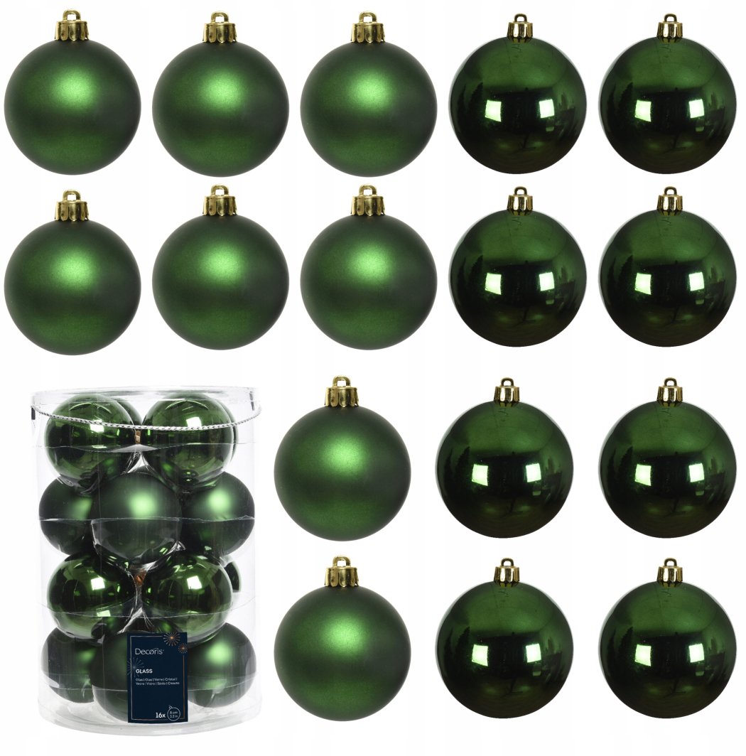 Glass Christmas tree ornaments set BAUBLES MIX, dark green, 8 cm, 16 pcs