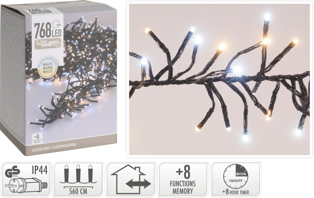 Dense electric garland CLUSTER, IP44 768LED 6W warm white/cold white color 8modes 5.6m