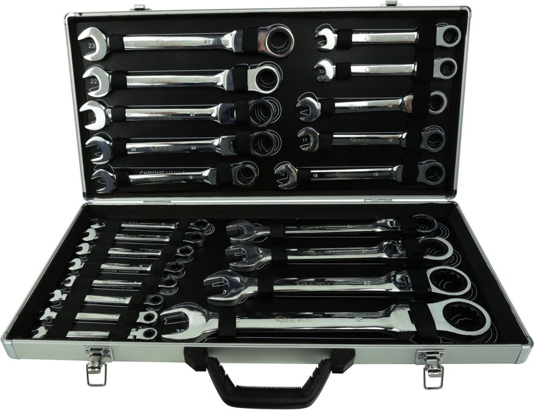 Geko Kpl.kluczy łamanych z grzechotką 22el. 6-32mm/alu waliza/ (2) 1