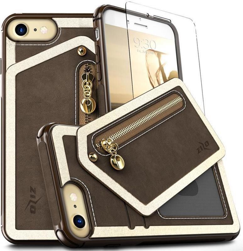 Zizo Zizo Nebula Wallet Case - Skórzane etui iPhone X z kieszeniami na karty + saszetka na zamek + szkło 9H na ekran (Dark Brown/Brown) 1