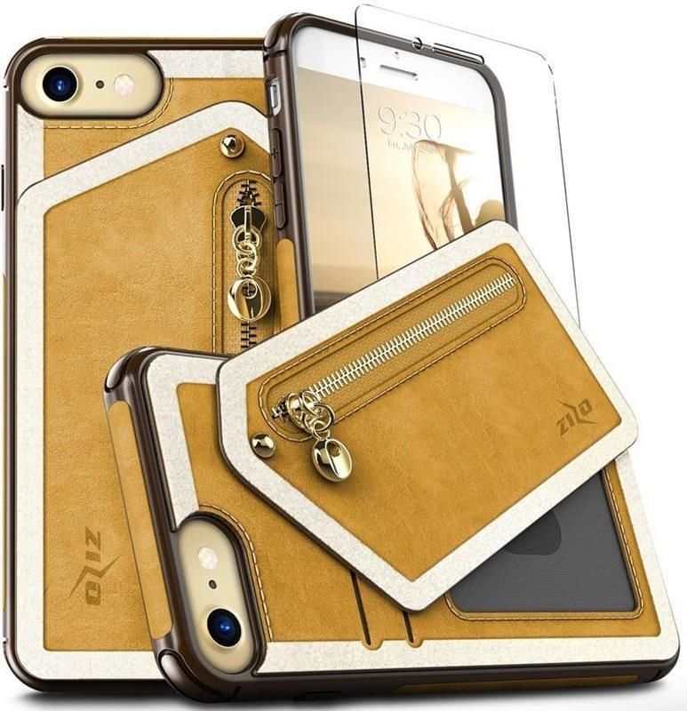Zizo Zizo Nebula Wallet Case - Skórzane etui iPhone X z kieszeniami na karty + saszetka na zamek + szkło 9H na ekran (Light Brown/Brown) 1