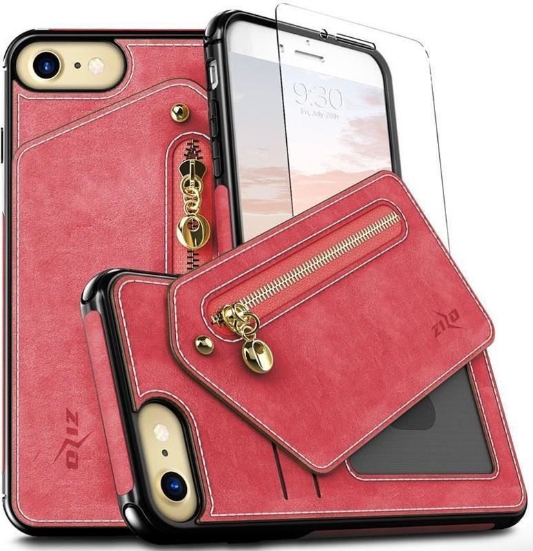Zizo Zizo Nebula Wallet Case - Skórzane etui iPhone X z kieszeniami na karty + saszetka na zamek + szkło 9H na ekran (Pink/Black) 1