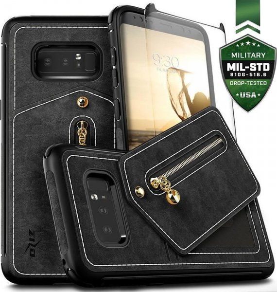 Zizo Zizo Nebula Wallet Case - Skórzane Etui Samsung Galaxy Note 8 (2017) Z Kieszeniami Na Karty + Saszetka Na Zamek + Szkło 9h Na Ekran (black/black) 1