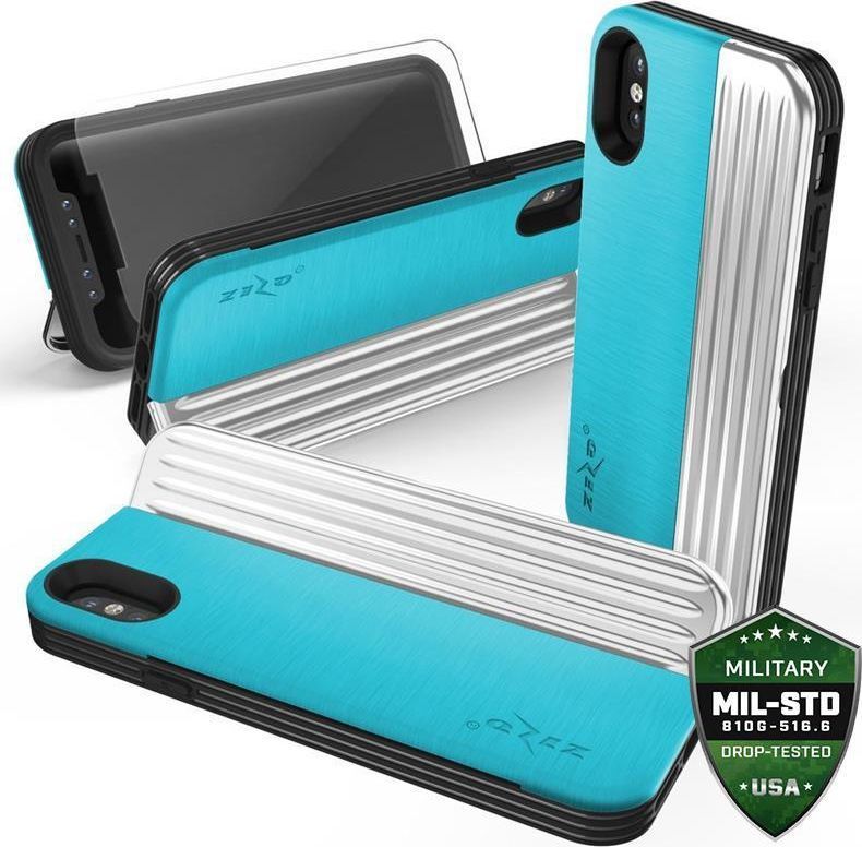 Zizo Zizo Retro Series - Etui Iphone X Z Kieszenią Na Karty + Podstawka + Szkło 9h Na Ekran (baby Blue/silver) 1