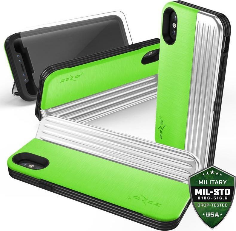 Zizo Zizo Retro Series - Etui Iphone X Z Kieszenią Na Karty + Podstawka + Szkło 9h Na Ekran (neon Green/silver) 1